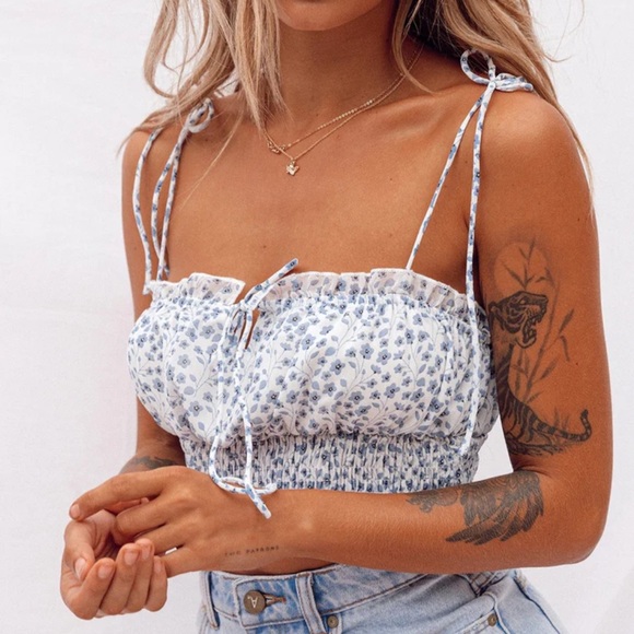 Floral Blue Smocked Women's Crop Top - Picture 2 of 6